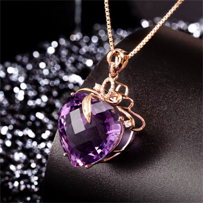 [Ready Stock]Luxury Heart-Shaped Amethyst Pendant 18K Gold Necklace Fashion