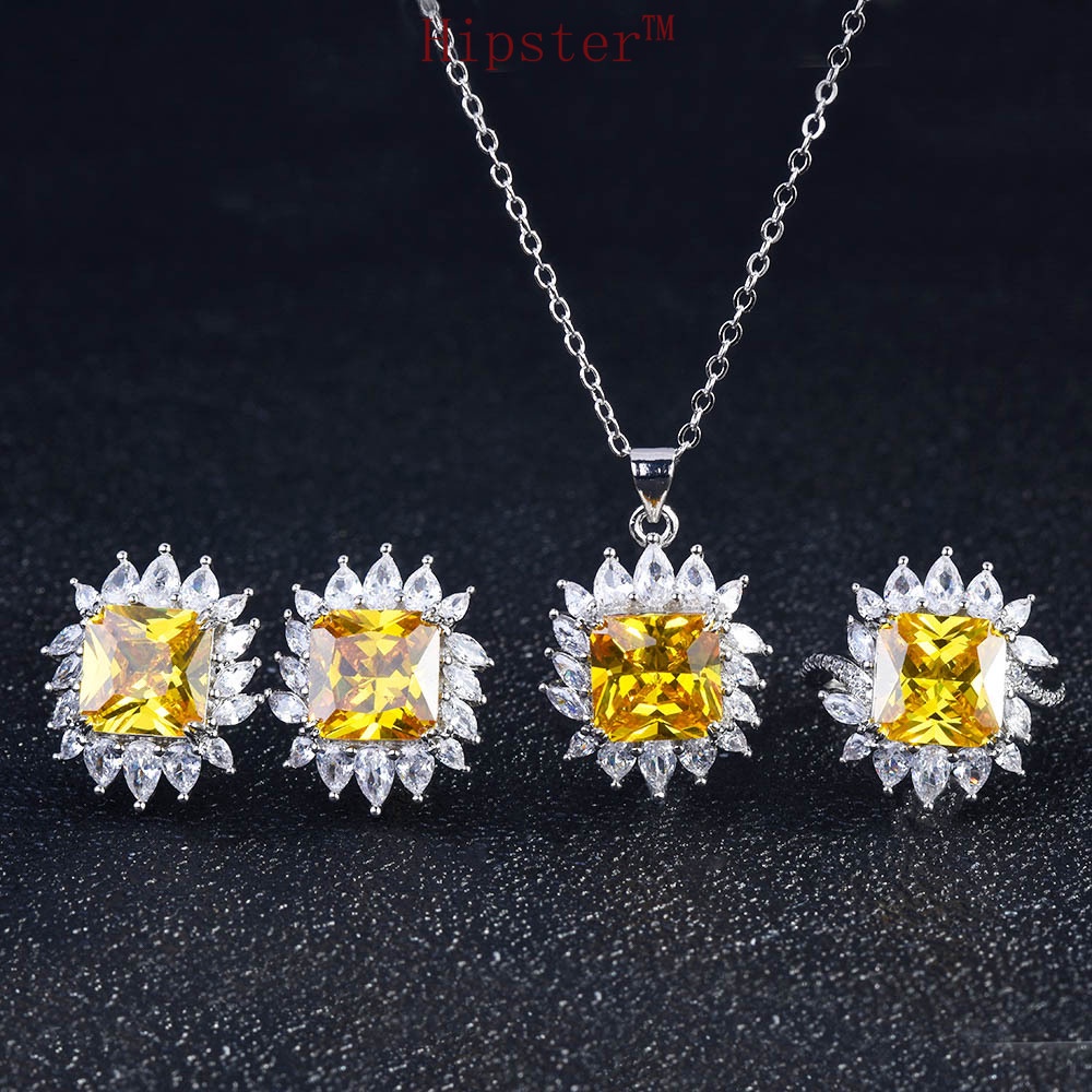 Luxury Full Diamond Natural Yellow Diamond Set Rings Ear Stud Necklace