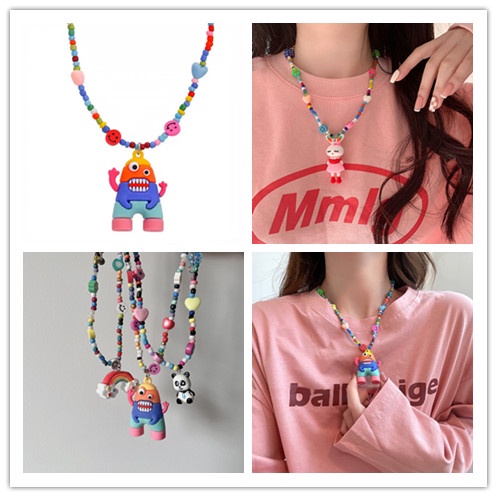 Kalung Rantai Klavikula Hias Liontin Kartun Kelinci Warna Pelangi Gaya Hip Hop Untuk Wanita