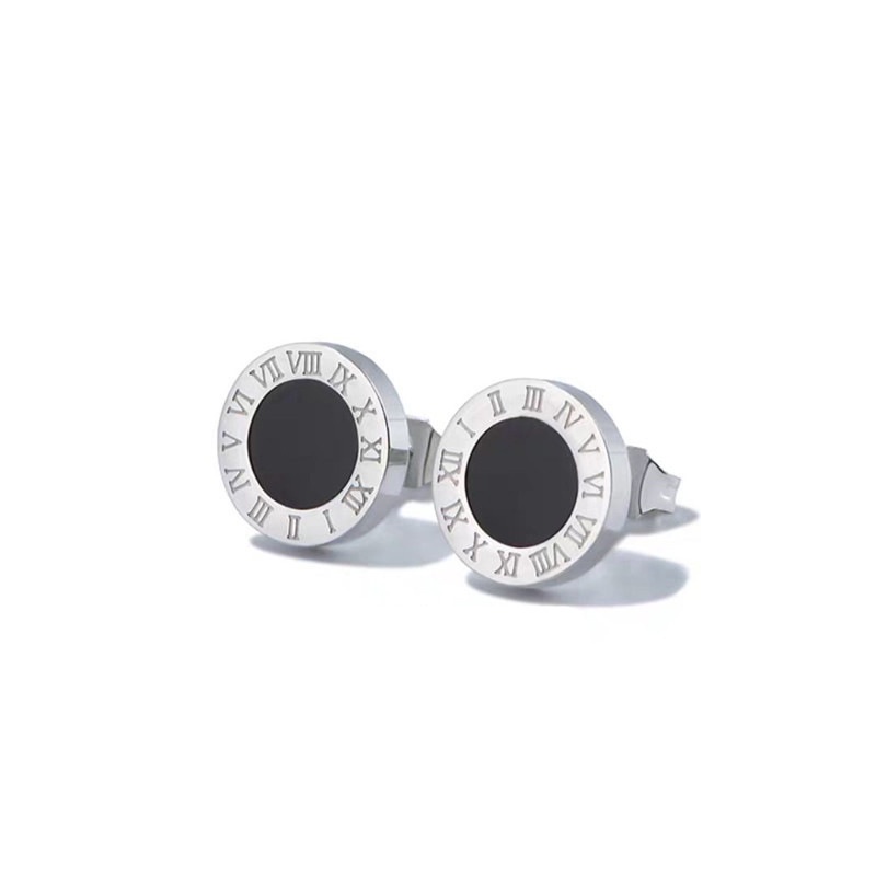 Anting Stud Titanium Bulat Hitam Angka Romawi Anti Pudar