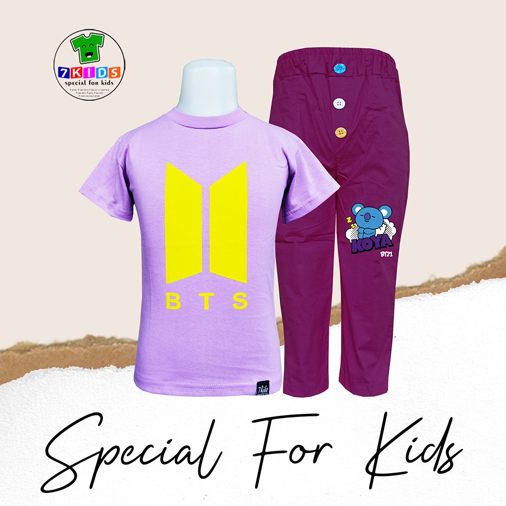 7KIDS Setelan Kaos Anak Perempuan Usia 3-12 Tahun Baju Anak Lengan Pendek Gaya Korea Logo BTS dan Celana Panjang