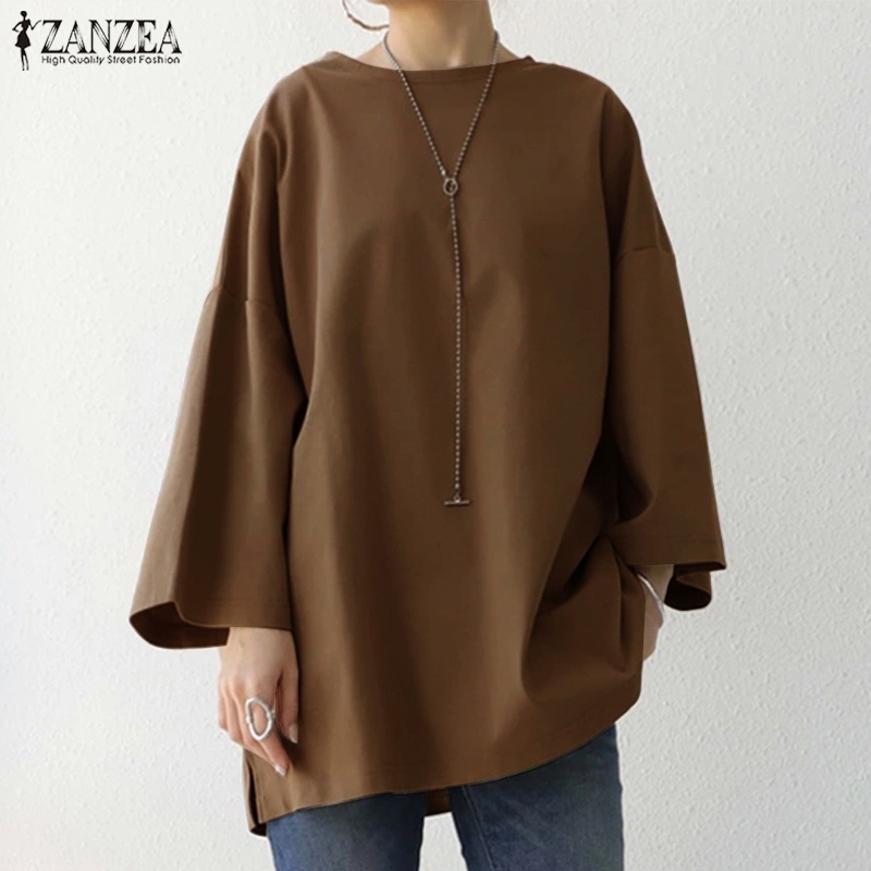 ZANZEA Women Crew Neck Long Sleeve Solid Color Casual Blouse