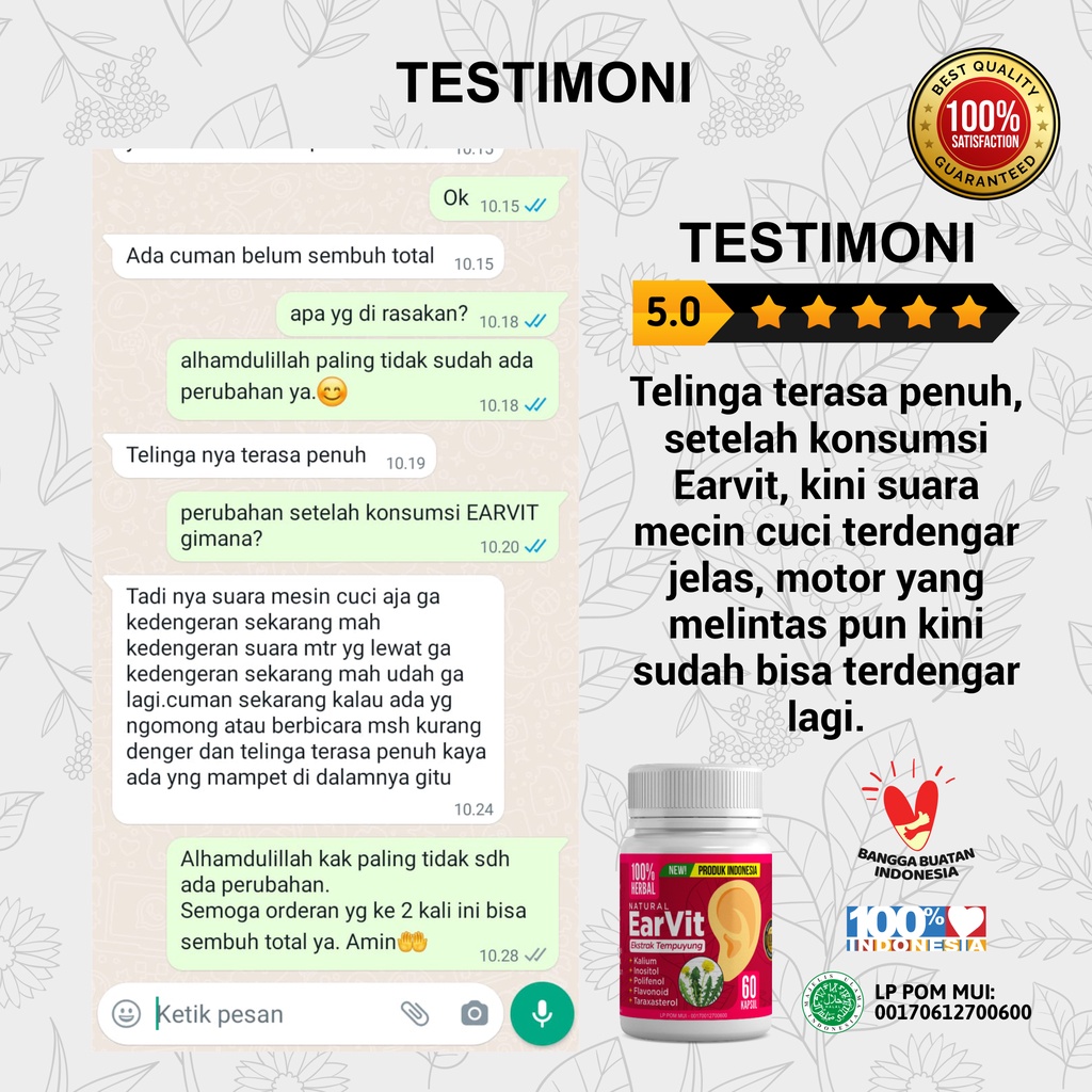 EARVIT Obat Gangguan Telinga, Obat Tinnitus, Telinga Berdenging, Berdengung, Mendengung Pada Telinga Kiri/Kanan, Obat Congek Telinga Bernanah, Infeksi Telinga, Curek, Bisa Untuk Anak Dan Dewasa