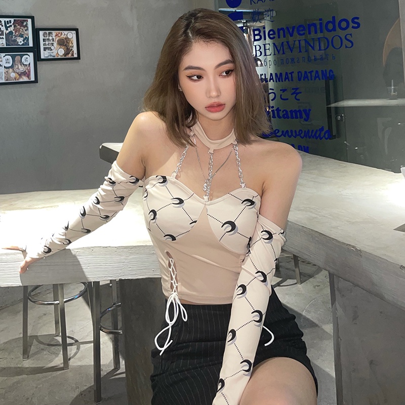 #Sisjuly# Tea Break Girl Cute Crescent Print Halter Collar Slim Lengan Panjang T-shirt Wanita Slim T