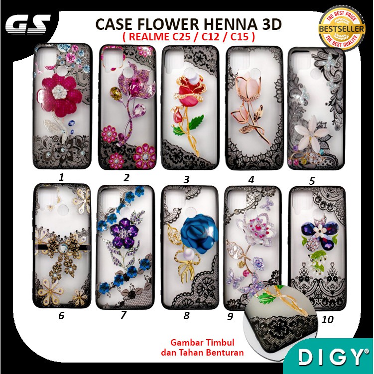 Casing Henna Pelindung REALME 7 NARZO 20 PRO 30A 20 C11 C12 C15 C25 A1K C2 A3S Case Flower Henna 3D