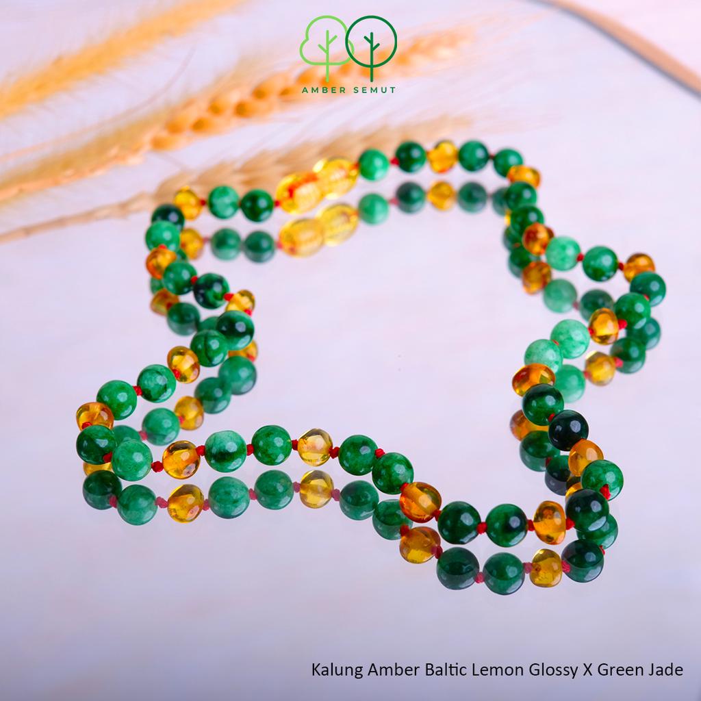 PROMO FREE GELANG - Kalung Amber Baltic Lemon Glossy X Green Jade by AMBER SEMUT