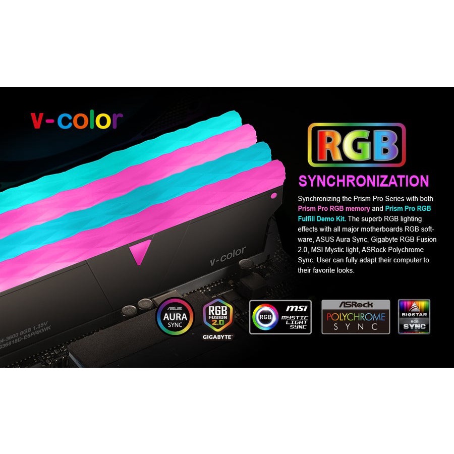 V-COLOR DDR4 Prism Pro Black RGB Memory 16GB (2x8GB) 3600MHz OC RAM PC