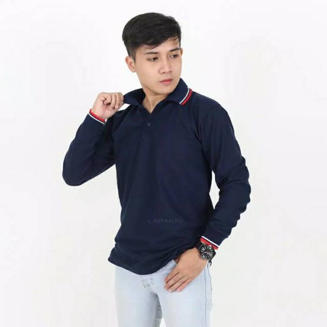 Kaos  polo  berkerah polos  lengan panjang pakai lis pria dan 