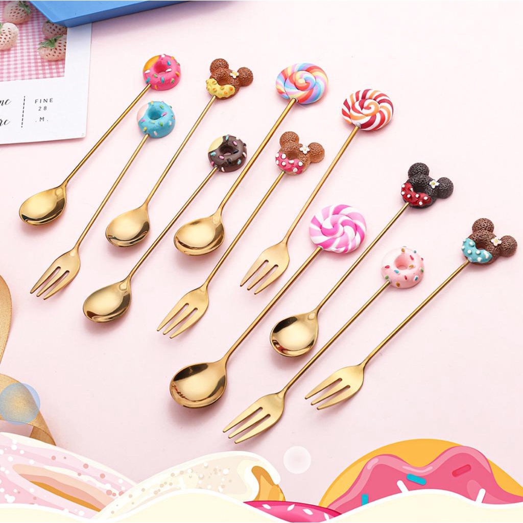 PREMIUM CAFE Sendok Garpu Lucu Dessert kecil karakter anak scoop spoon fork korea mini teh Gold teaspoon imut Buah cake Gold Stainless Kopi