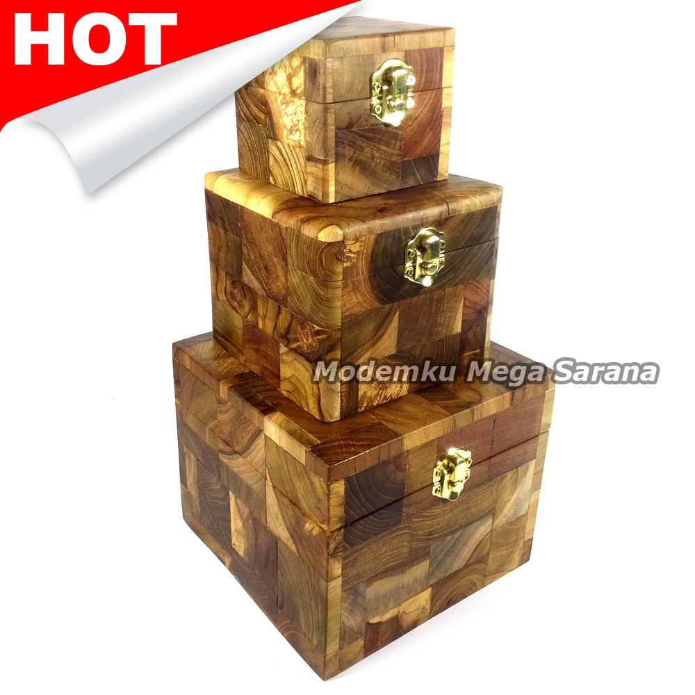 1 Sett Box Perhiasan Kayu Jati Mozaik - 3pcs