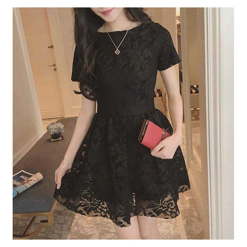 Dress wanita hitam brukat model cantik korea elegant