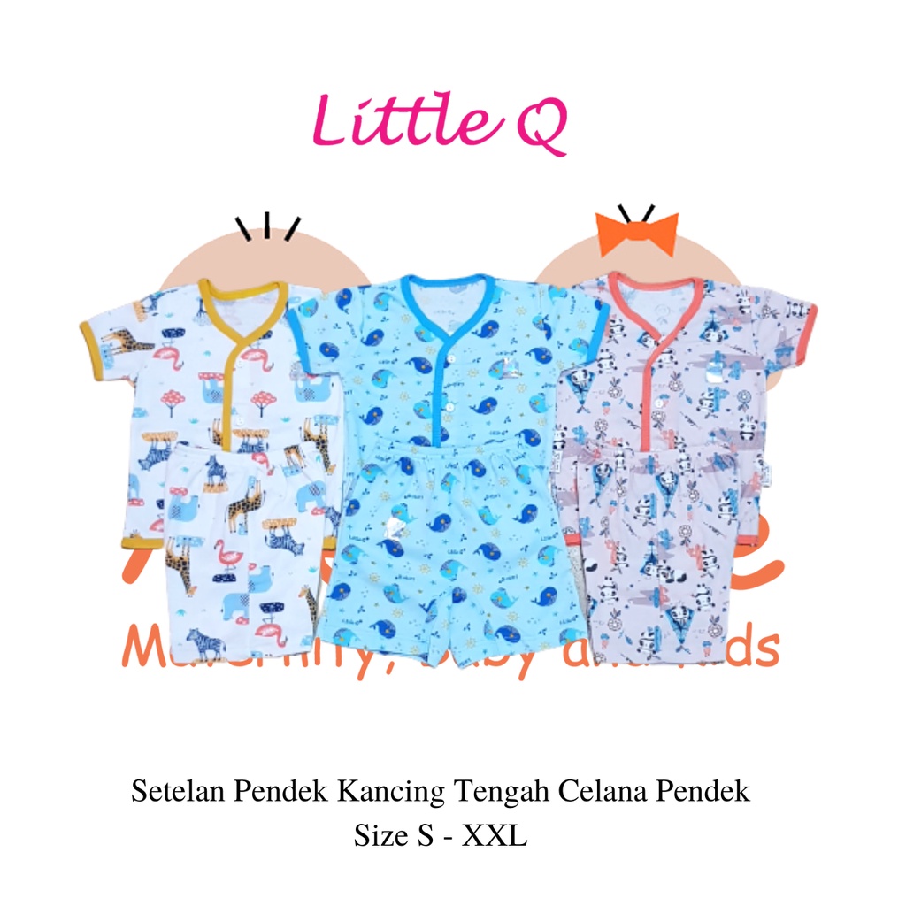 [Size SML] Little Q Setelan Motif Pendek Kancing Tengah Bis Celana Pendek Isi 3 Pcs