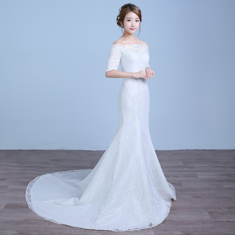 Putih dan Merah Fishtail gaun pengantin Sabrina Renda Mermaid gaun pesta pernikahan