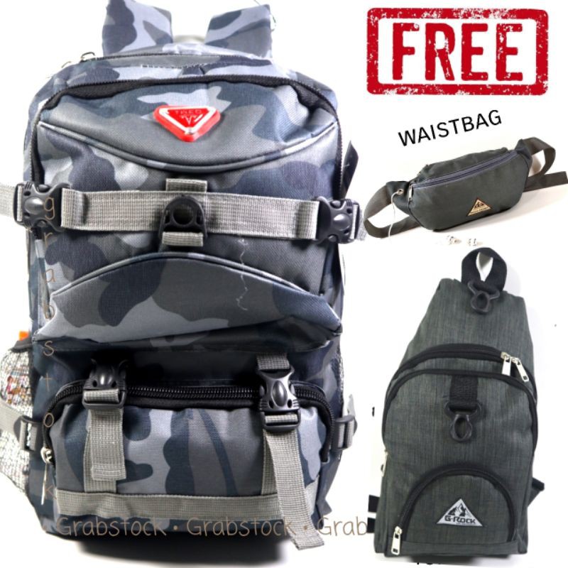 Promo Beli 1 Dapat 3 Tas Ransel Slingbag Waistbag Doreng Abu