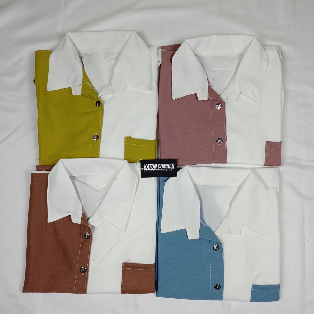 Kemeja Wanita Atasan Blouse Casual Polos Kombinasi Warna Lengan Panjang Model Pinguin Bahan Moscrepe-2