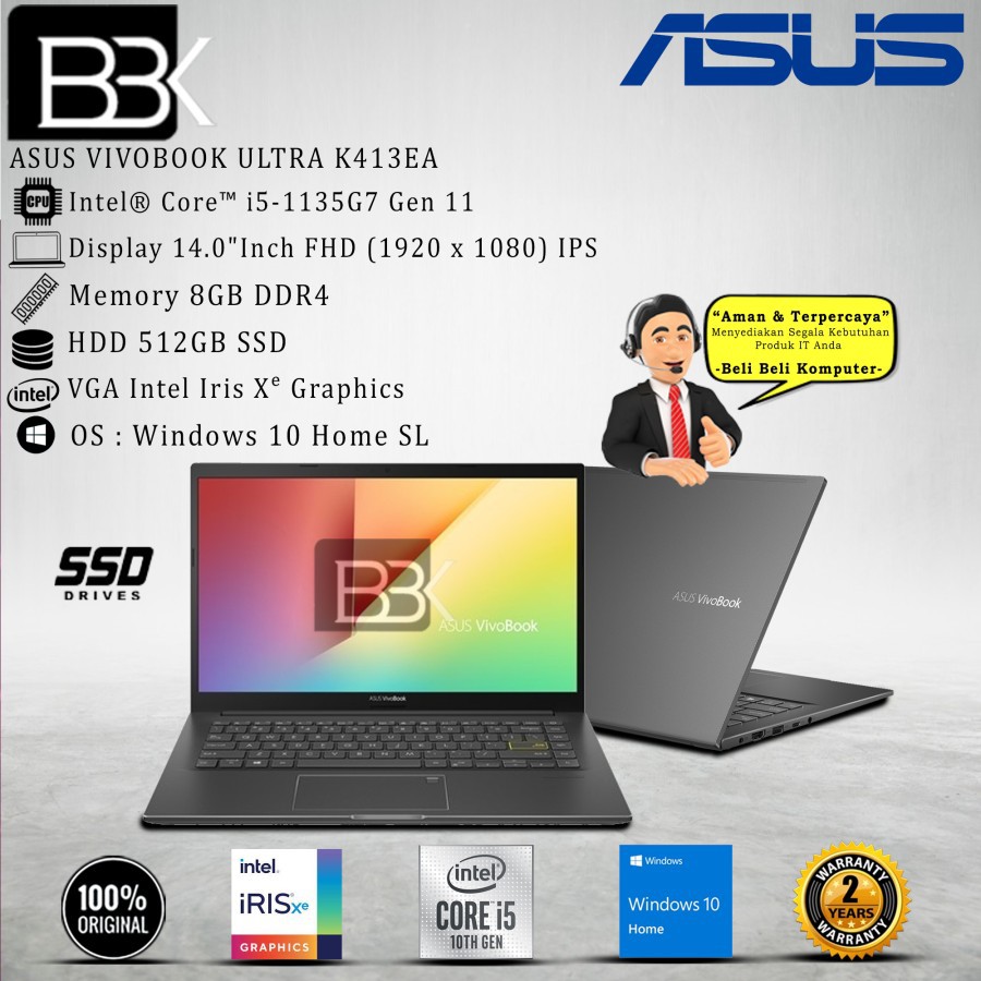 ASUS VIVOBOOK ULTRA K413EA I5-1135G7 8GB 512GB SSD W10HSL OHS 19 2Yr 6 orang melihat barang ini