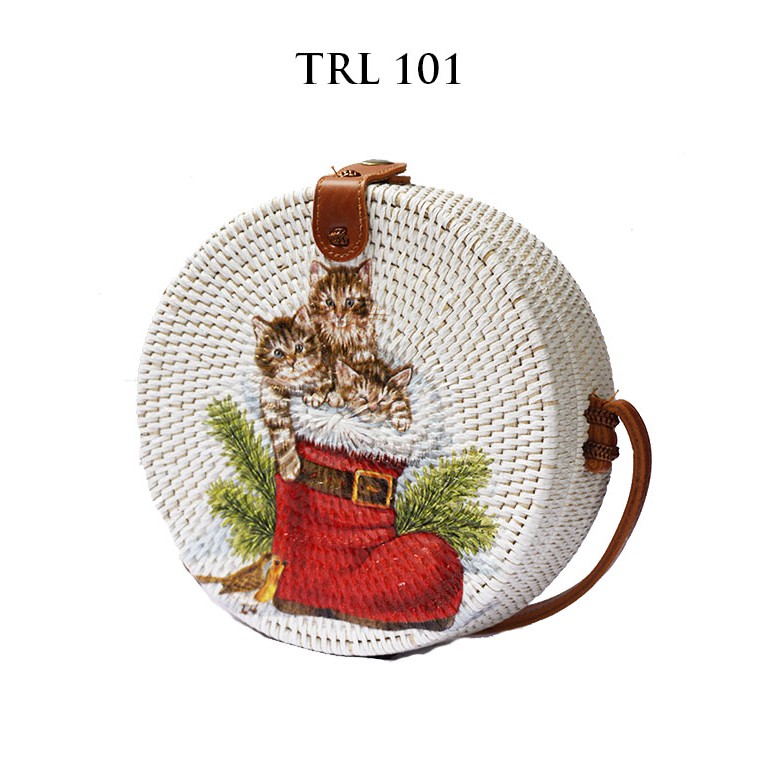 Sweet Honey ~ Grosir Tas Rotan Bulat Murah Lukis Motif Kucing Decoupage Cat TRL101 [Bisa COD Bayar di tempat]