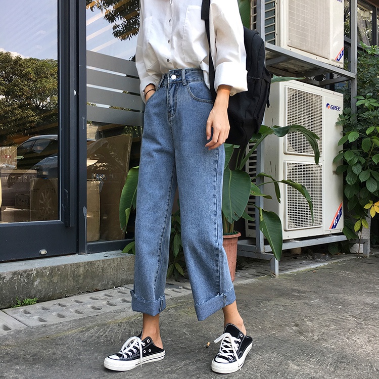 korean style kekinian vintage longgar celana jeans panjang wanita