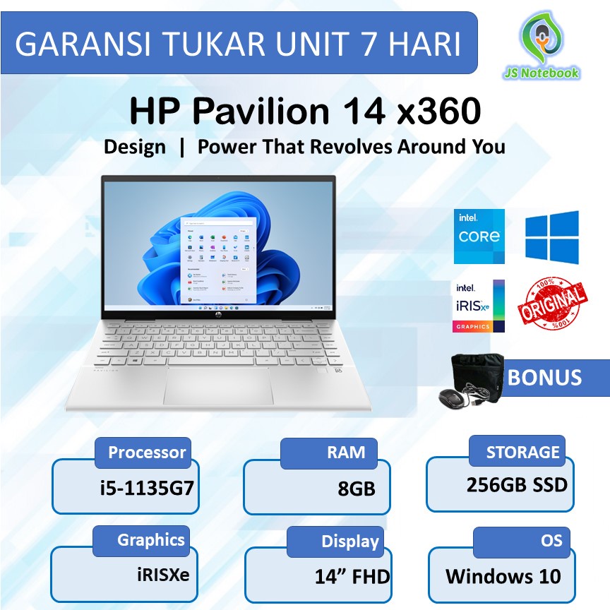 HP Pavilion 14 2in1 i5 1135G7 8GB 256GB SSD Iris Xe 14FHD W10 x360 Laptop