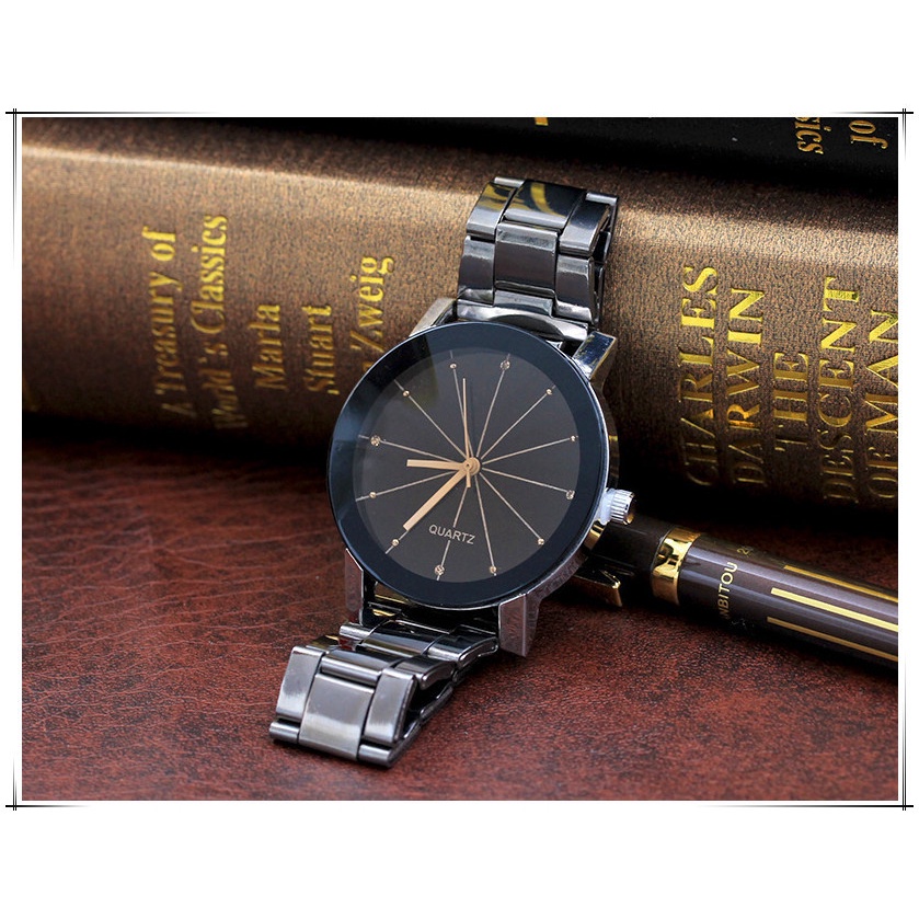 Jam Tangan Wanita A0107 Fashion Black Dial Couple Watches Steel Band Men's and Women's Watches