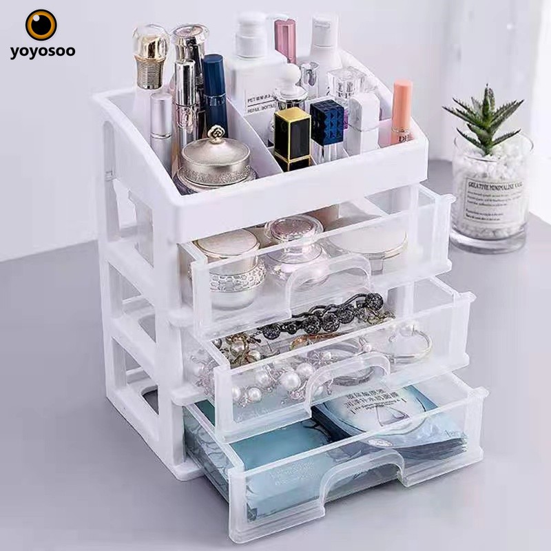 Rak Kosmetik Makeup Storage Plastic Box 3 Laci susun / Kotak Penyimpanan Serbaguna -yoyosoo