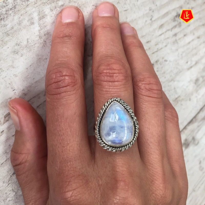 [Ready Stock]Big Diamond Pear-Shaped Moonstone Ring Exaggerated Punk Style