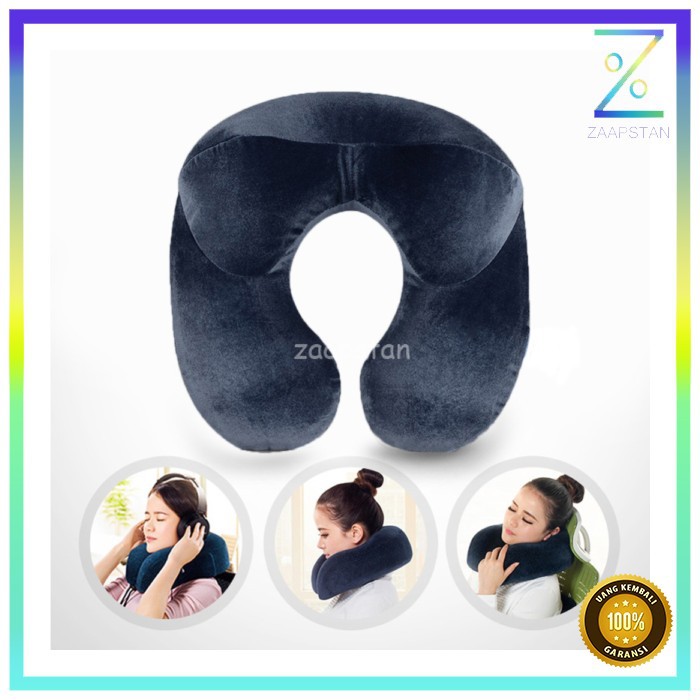 Bantal Leher U-Shape Inflatable Travel Neck Pillow - 300TC - Dark Blue