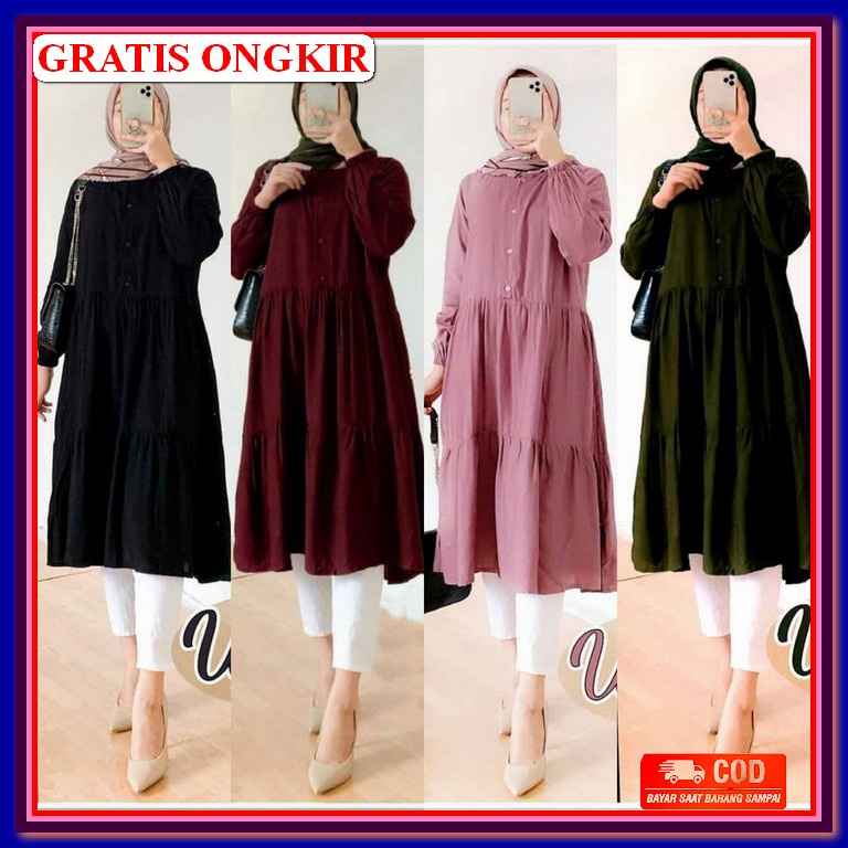 Baju Tunik Wanita Terbaru Lebaran Trendy 2021 Kekinian Long Dress Cod Jumbo Remaja Dewasa Lengan Pan