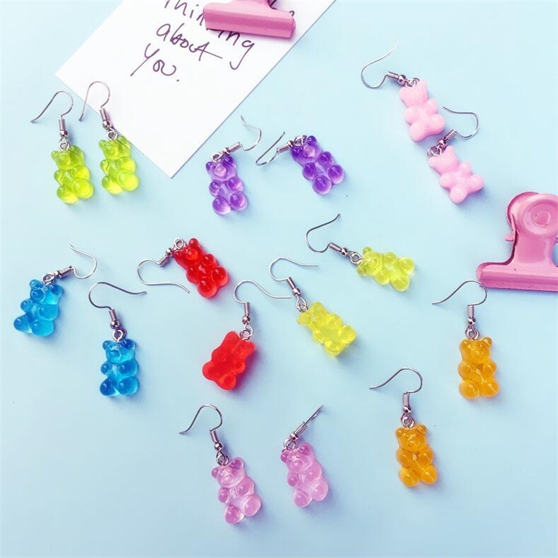 1 Pasang Anting,Kait Gantung, Wanita Desain Beruang Gummy Hias Kristal Warna Permen,Untuk Hadiah