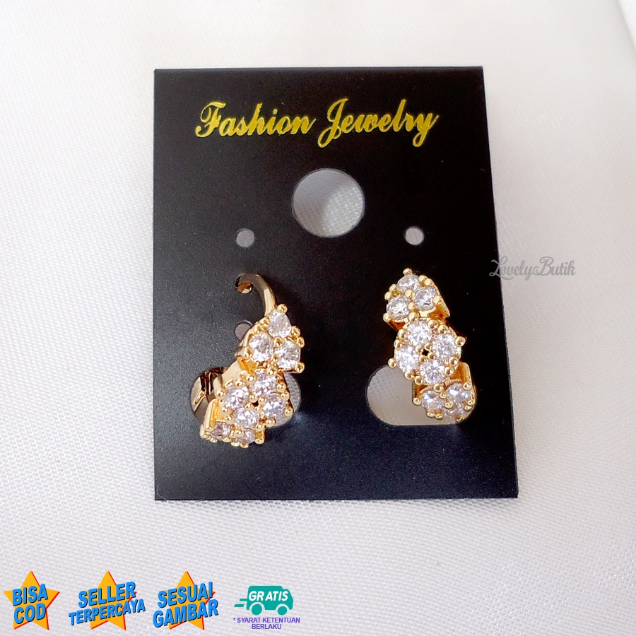 Lovelybutik Anting Jepit Xuping Dewasa Imeld4 Anting Wanita Anti Karat Model Bunga Diamond Lapis Emas