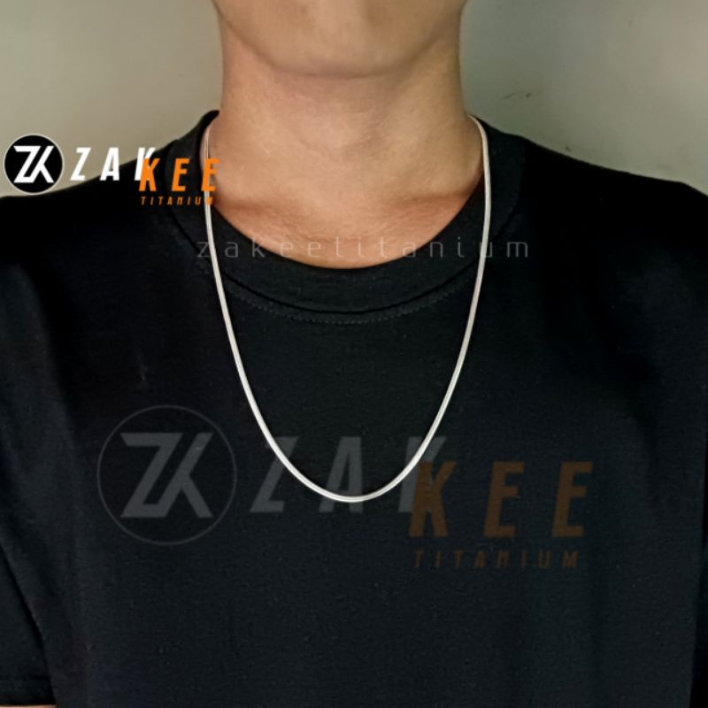 Kalung Titanium Pria Wanita Anti Karat Silver Belut Gepeng Pipih Silver Perak Emas Putih Cowok Cewek Stainless Steel Panjang 45cm 50cm 60cm