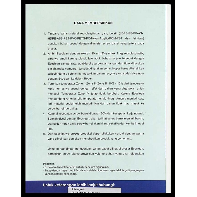 Ecoclean Emulsione Pembersih Mesin Plastik Screw Barrel Injection Extr