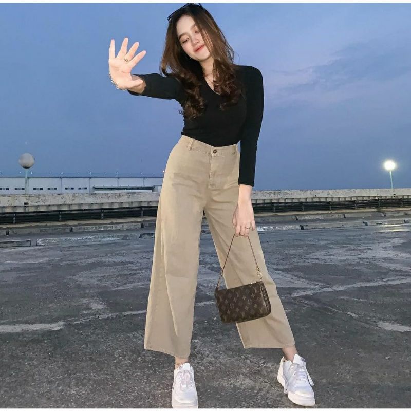 Celana Kulot Jeans Cream / Celana Highwaist Cream Putih Hitam / Celana Kulot Panjang / Celana Kulot 