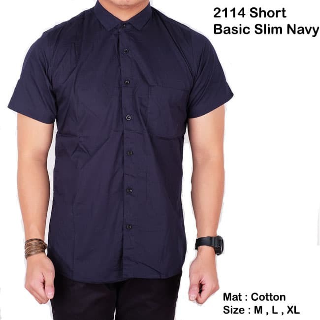 KEMEJA PRIA PENDEK POLOS NAVY SLIMFIT / BAJU COWOK POLOS BASIC TERLARIS