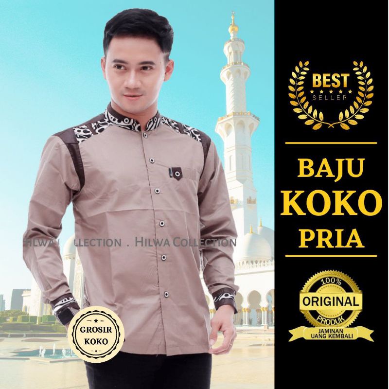 Promo Baju Koko Lengan Panjang Pria Terbaru Motif Tanduk Rusa Kombinasi Batik Kemeja Koko Premium Or