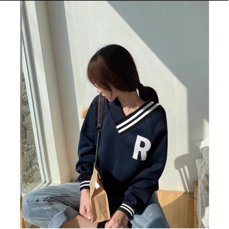 R VNECK SWEATER OVERSIZE | CREWNECK SWEATER WANITA | BAHAN FLEECE TEBAL