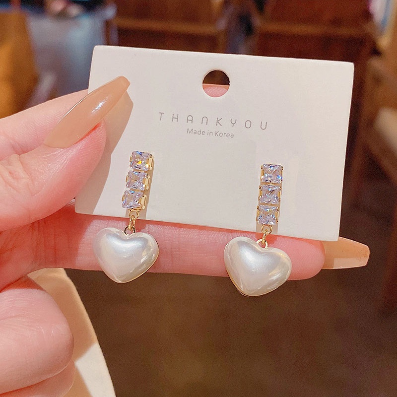 Anting Tusuk Sterling Silver 925 Desain Hati Hias Zircon + Mutiara Gaya Mewah Untuk Wanita