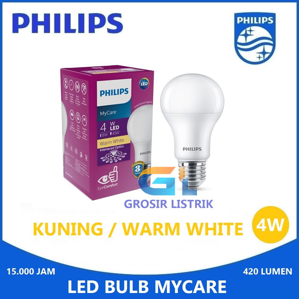 Lampu Philips LED Bulb MyCare 4W Besar Kuning Warm White 3000K LEDBulb 4 Watt W Original Grosir