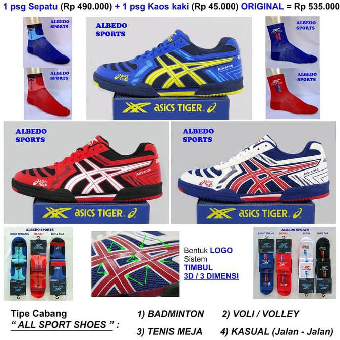 Sepatu Badminton Bulutangkis Asicstiger Advance Kaos Kaki Eagle Spotec