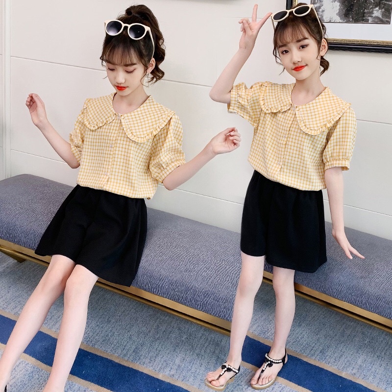 Baju Anak Setelan Collar Kuning kotak (Baju + Celana)