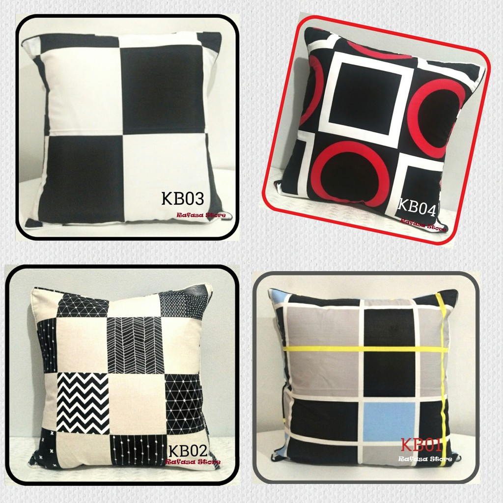 UKURAN 40 50 60 SARUNG BANTAL SOFA / KURSI KATUN PREMIUM 40X40 50X50 MOTIF KOTAK BESAR HITAM (KTB02)