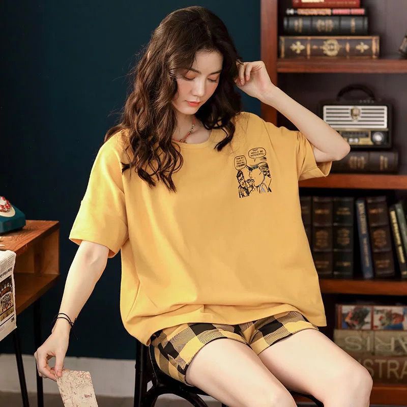 Ven 101- Setelan piyama lengan pendek import motif lucu/impor korea/baju tidur katun bahan lembut-107- Kotak kuning
