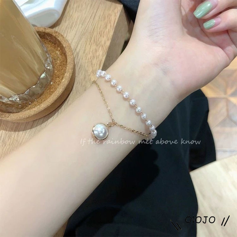 Fashion Korea Wanita Temperamen Manis Gelang Aksesoris Perhiasan Gelang Mutiara Ganda Sederhana - ol