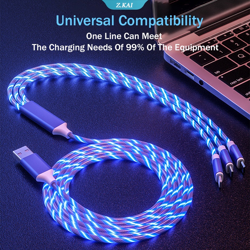 3in1 Kabel Data / Charger Micro USB / Type C 1.2M Fast Charging Dengan Lampu LED Untuk Iphone / Samsung