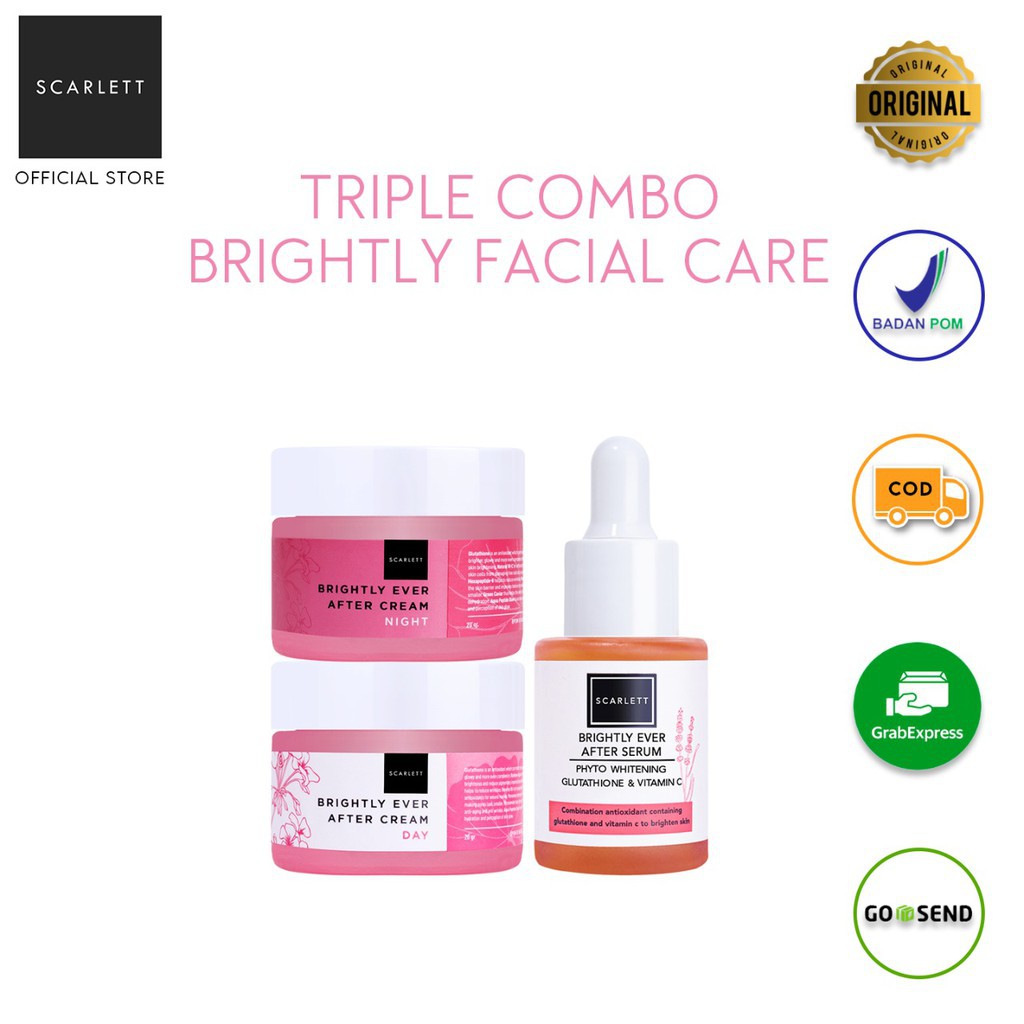 READY! scarlett whitening triple combo brightly &amp; acne facial care / paket wajah bright acne isi 3