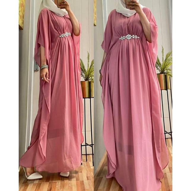 Hana Kaftan, KAFTAN WANITA MUSLIM CANTIK FIT XXL LD 120 BAHAN CERUTTY WITH FURING MIX MUTIARA ZIPPER BUSUI OOTD MODIS TERMURAH