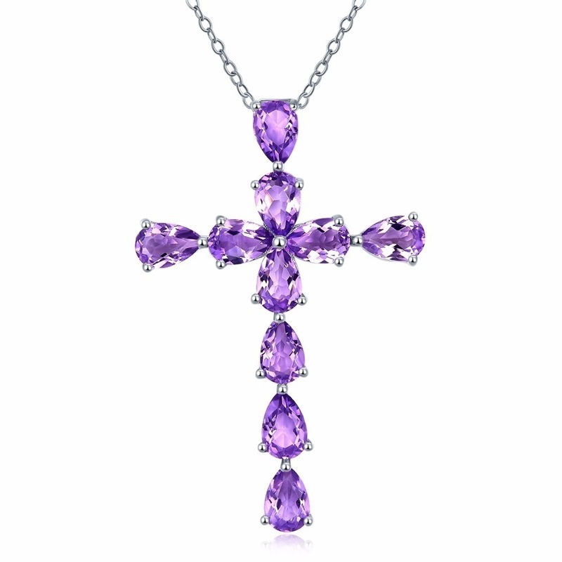 [Ready Stock]Fashion Plated 925 Silver Inlay Amethyst Cross Pendant Necklace