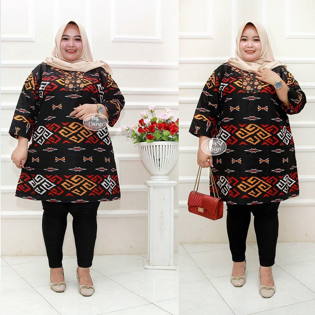 Tunik Batik Wanita Ukuran Jumbo LD 140cm Resleting Belakang Bahan Katun Adem Di Pakai Serap Keringat