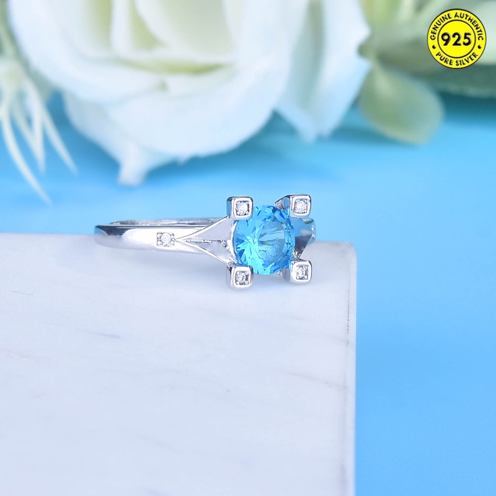 Cincin S925 Silver Model Terbuka Aksen Berlian Biru Laut