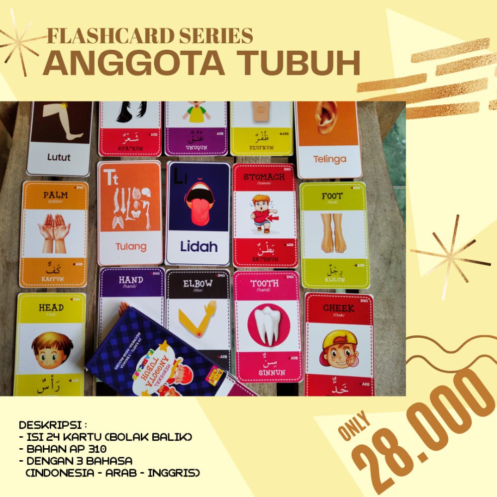 ABF Kids Flashcard Pengenalan Anggota Tubuh 3 Bahasa (ind-Eng-Arab)